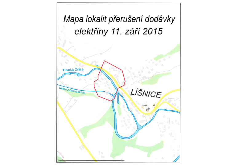 Mapa lokalit přerušení dodávky elektřiny 11.9.2015