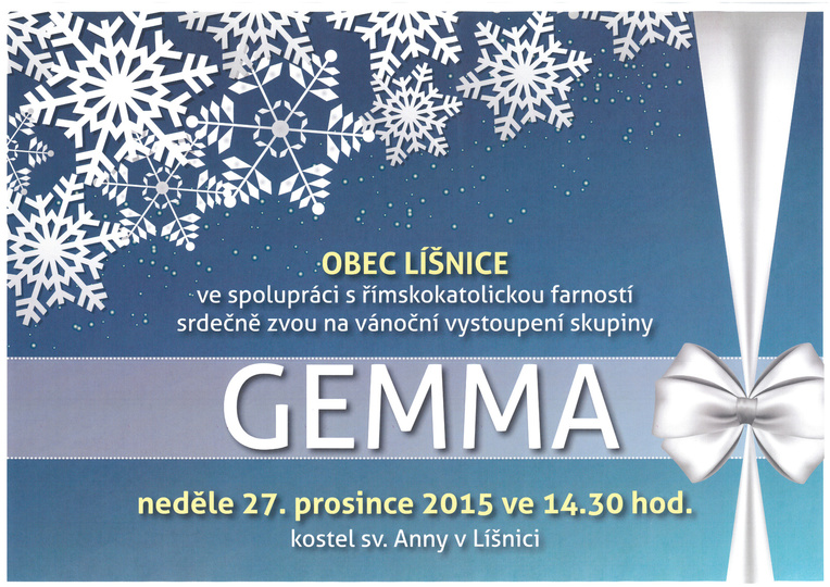 Vánoční koncert skupiny Gemma 27.12.2015 od 14:30 v kostele sv. Rodiny v Líšnici